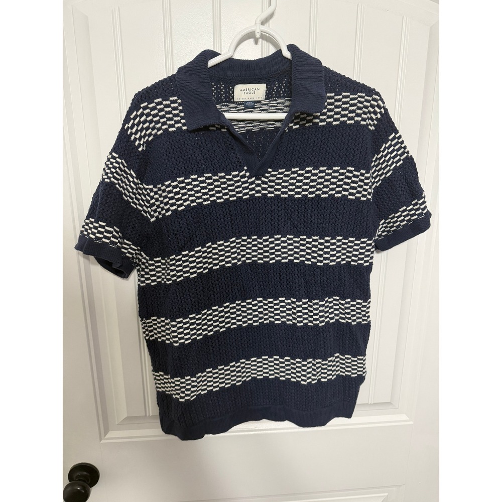 American Eagle Knit Polo Mens M Navy White Striped Crochet Short Sleeve EUC